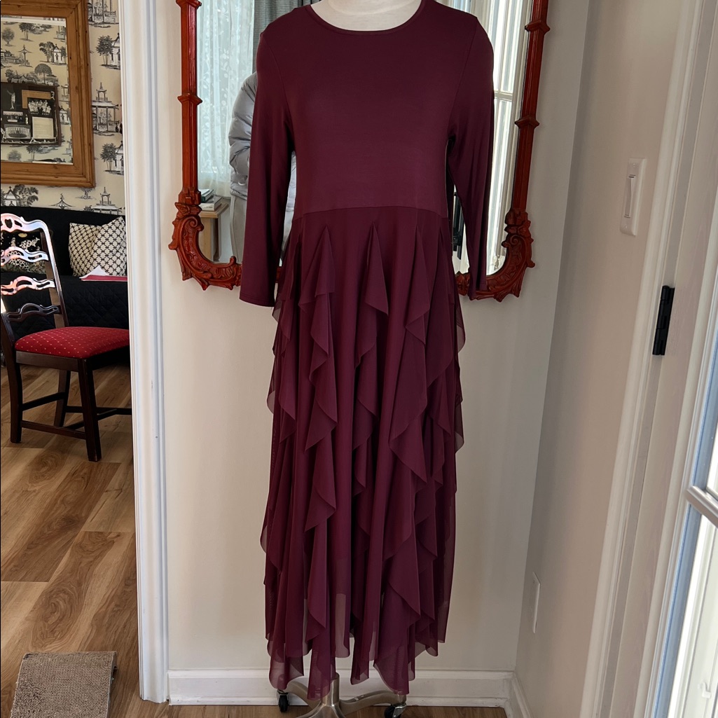 Knit Long Sleeve Dress With Soft Organza Ruffle Tiered Skirt Os